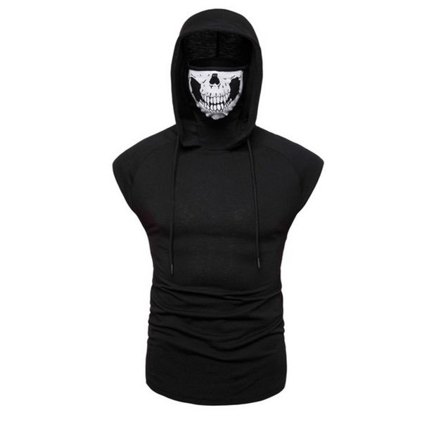 

Casual cotton slim breathable turtleneck hooded face men sleeveless t shirt, Black