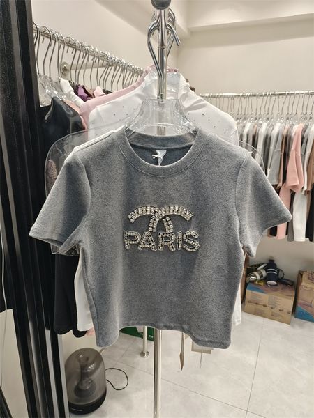 

women's t-shirt thicken sanding short sleeve t-shirt for women spring high waist slim spice girls crop beaded letters basic tees 230414, White