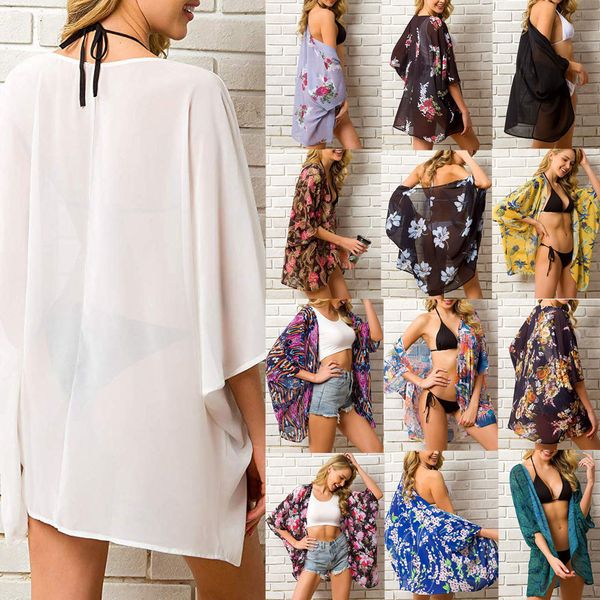 

women's swimwear summer women chiffon cover up boho floral kimono cardigan sheer half sleeve beach blouse shirts for female 230414, White;black