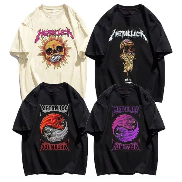 

men's t-shirts metal rock band mens t shirts graphic vintage cotton oversized hip hop streetwear heavy music tees punk y2k short sleeve, White;black