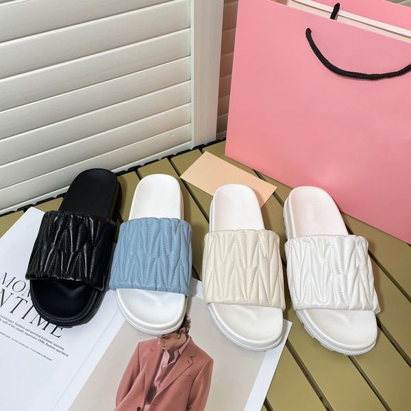 

casual shoes 2023 miu fashion matelasse slippers women platform sandals leather slides summer flat thick bottom lambskin mules ladies beach, Black