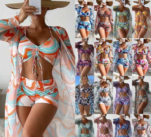 

women's swimsuit 2023 3-piece bikini high waist swimming suit split long sleeve ins shirt mesh red drawstring set 0068, White;black