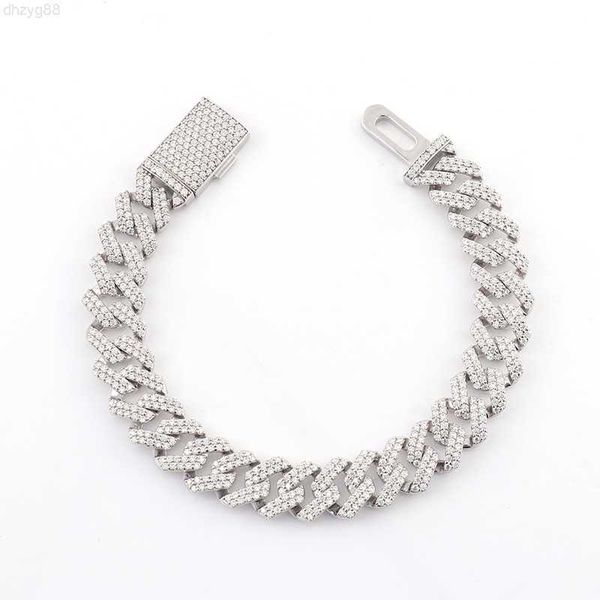 

18k gold plated cuban chain double row diamond moissanite cuban bracelet fine jewelry for gift, Silver