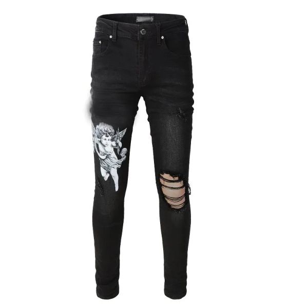 

2023 new crystal thrasher jean tactical cargo mens slim jeans distressed denim designer pants with holes letters torn tattered knee ripp jul, Blue