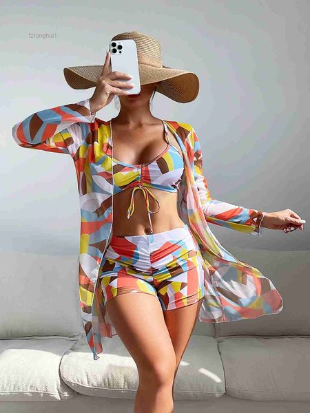 

women's swimsuit 2023 3-piece bikini high waist swimming suit split long sleeve ins shirt mesh red drawstring set 7 k7hl, White;black