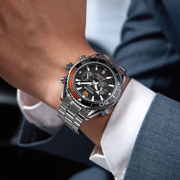 

luxury men's sports watch waterproof luminous five beads solid steel belt multifunctional chronograph calendar boss watch, Slivery;brown