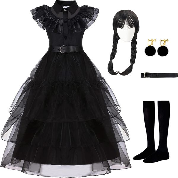 

akokvlar wednesday addams costume dress for girls addams wig belt earrings socks dress up suit, Red;black