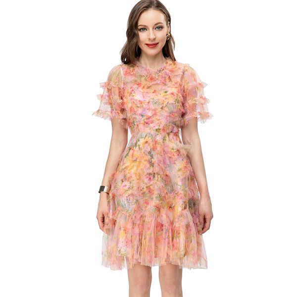 

women's runway dresses o neck short sleeves printed tiered ruffles a line high street vestidos, Black