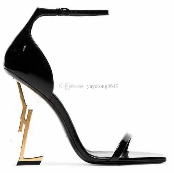 

with box famous design shoes opyum women sandals buckle-fastening ankle strap metal letters heel leather sole cassandra lady exqui yslity qs, Black