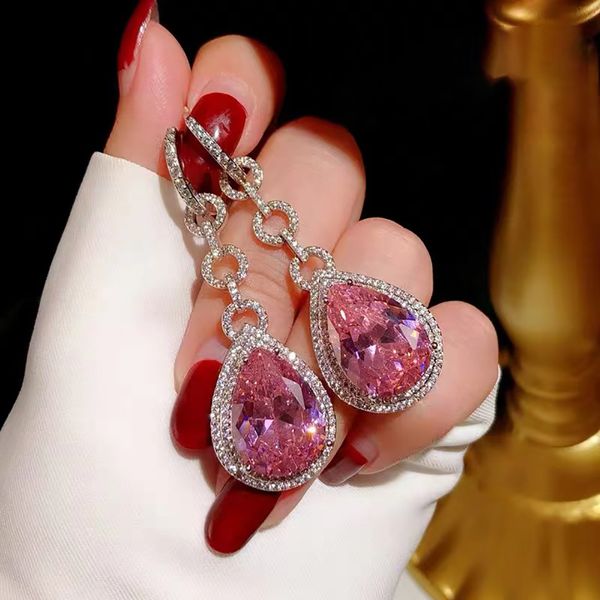 

luxury water drop pink diamond dangle earring 925 sterling silver party wedding drop earrings for women bridal promise jewelry, Golden;silver
