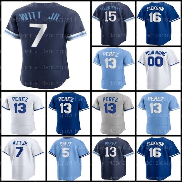 

7 bobby witt jr. baseball jersey 16 bo jackson 5 george brett 13 salvador perez city 51 brady singer 2 michael a. taylor hunter dozier zack, Blue;black