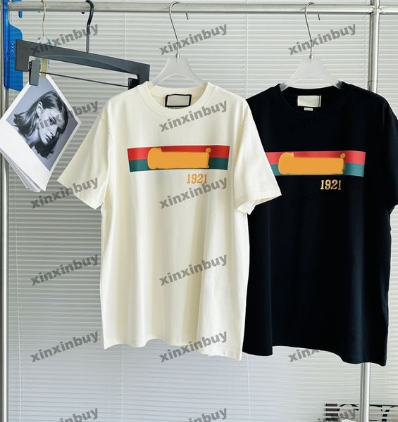 

xinxinbuy men designer tee t shirt 23ss paris red stripe letter print short sleeve cotton women black white blue gray xs-2xl, Black;brown