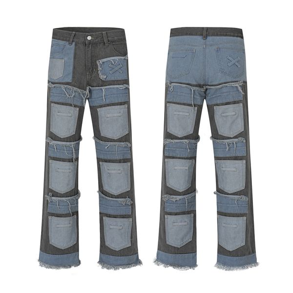 

pants hip hop jeans men patchwork streetwear washed vintage ripped fashion denim trousers, Black;brown