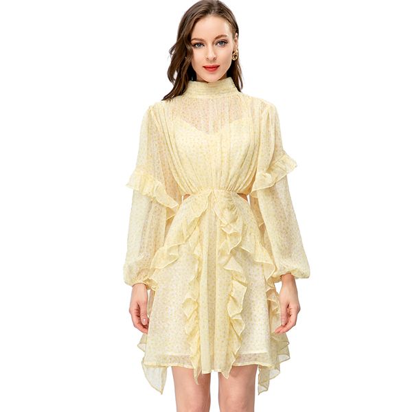 

women's runway dresses stand collar long sleeves dots printed ruffles side open short vestidos, Black