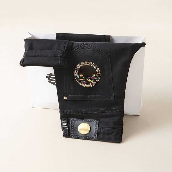 

american hip hop jeans medusa embroidery trousers brand-name pants business denim es tight casual casual straight pants zipper access contro, Blue