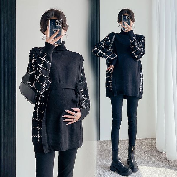 

maternity dresses autumn winter patchwork knitted maternity sweaters large size loose ties waist shirt clothes for pregnant women pregnancy, White