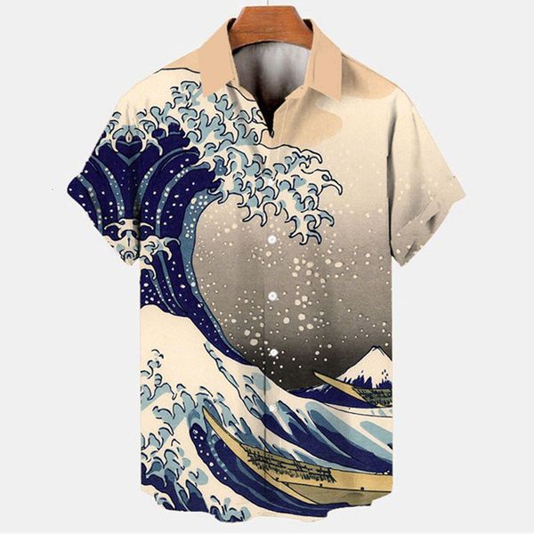 

men's casual shirts retro ocean wave 3d printing men's hawaiian shirts casual fashion summer men's shirts plus size short sle, White;black