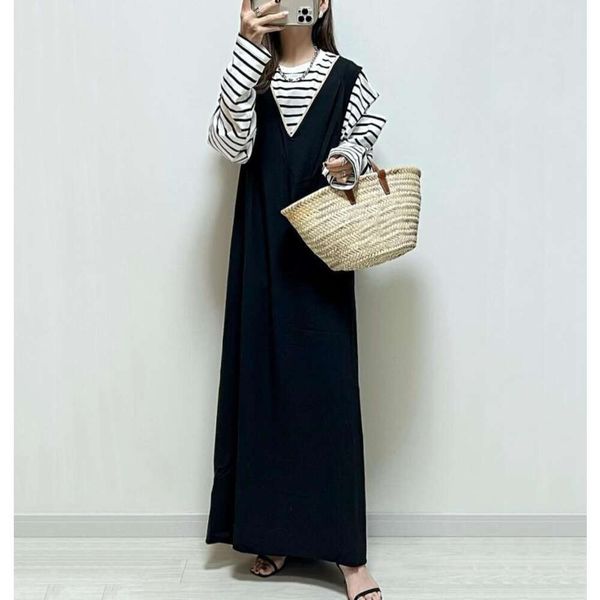 

2023 Summer New Loose Fit Sleeveless V-neck Suspender Autumn Dress Maxi Elegant Long Korean Japan Style Casual Y2k Fashion Young, Black