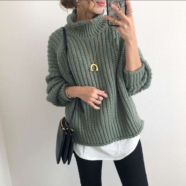 

2023 Japan And South Korea Fashion Casual Style Women's Knitwear Small Striped High Neck Slim Knitted New Temperament Pullover, Green