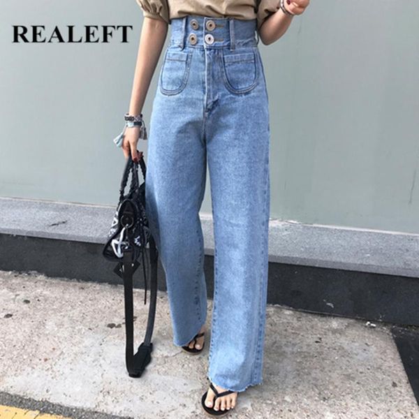 

jeans realeft summer 2021 new double breasted women's jeans mid waist denim wide leg pants retro washed streetwear female chic trouses, Blue