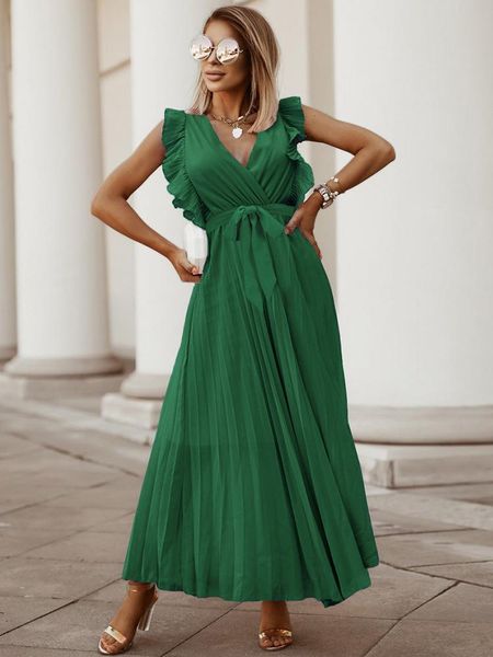 

dresses fashion elegant women dress sleeveless v neck long summer dress pleat party dress female chiffon maxi green dress with belt, Black;gray