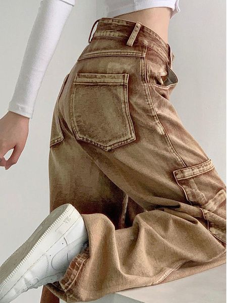 

jeans qweek y2k brown cargo pants women 90s vintage grunge high waist baggy jeans streetwear wide leg loose denim trousers female, Blue