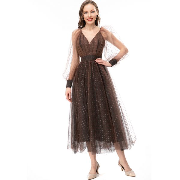 

women's runway dresses v neck long lantern sleeves layered polka dots elegant designer vestidos, Black