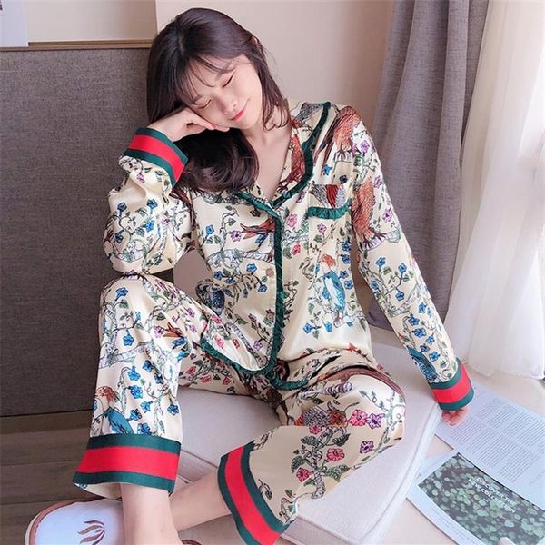 

long sleeves pijamas set summer spring print pajamas for women silk satin sleepwear two pieces lounge wear pjs home clothes 201217231y, Black;red