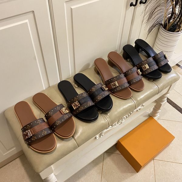 

summer luxury slipper designer womens slipper fashion genuine leather slipper metal chain womens casual shoes, Black