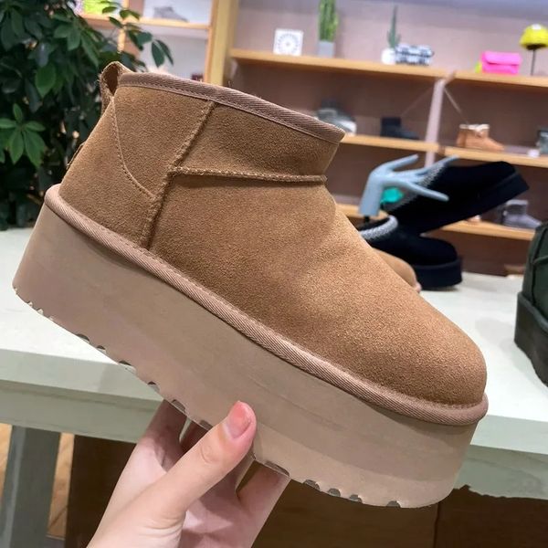 

women winter ultra mini boot designer australian platform boots for men real leather warm ankle fur booties luxurious shoes, Black