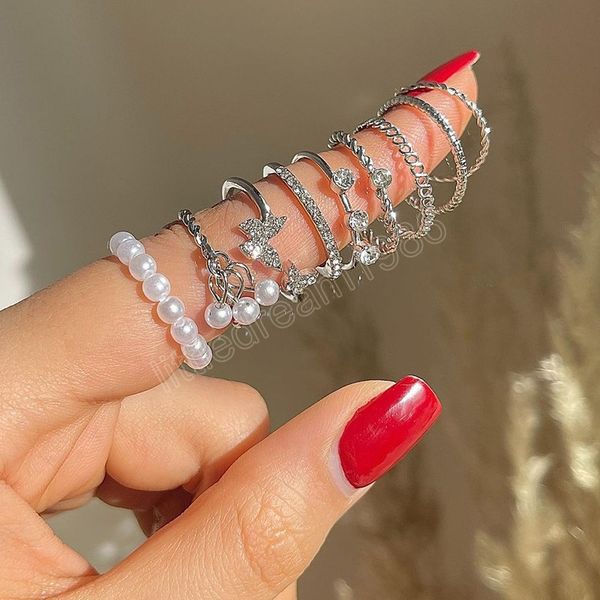 

vintage crystal butterfly ring set for women silver color pearl rings irregular geometry women ring jewelry accessori