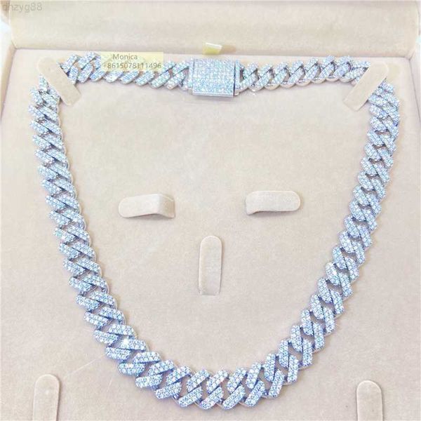 

pass diamond tester 13mm two row luxury shining jewelry iced out vvs1 moissanite cuban link chain necklace, Silver