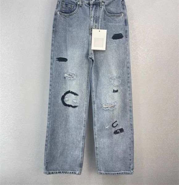 

chan 2023 new brand women's jeans trousers women capri cargo pants yoga wide leg trendy casual fashion letter hole logo jeans trousers, Black;white