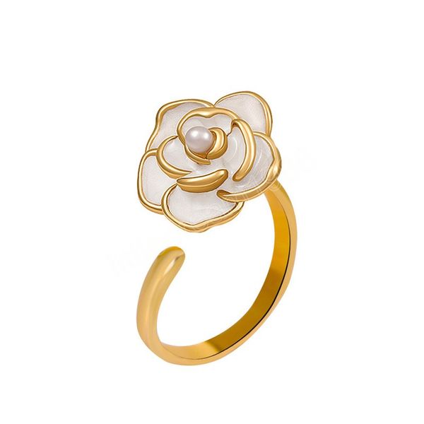 

white color acrylic flower ring for women fashion imitation pearl gold color ring french retro jewelry rose adjustable ring, Silver