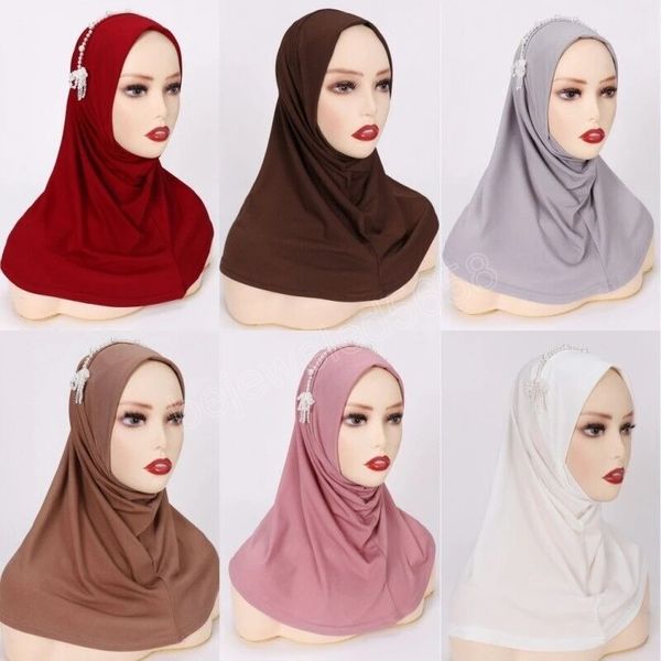 

fashion one piece beaded hijabs ramadan islamic muslim womens soft solid color party wrap turban hats headwear, Blue;gray