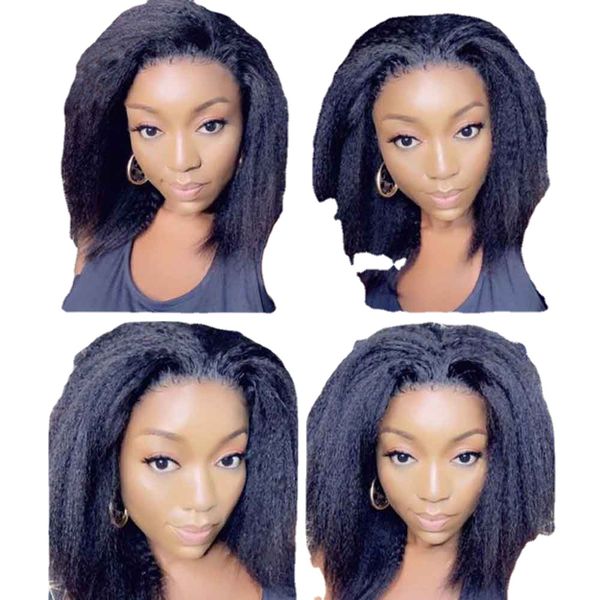 

short cut bob middle part preplucked soft yaki 180 density kinky straight natural black lace front wig for women babyhair daily, Black;brown