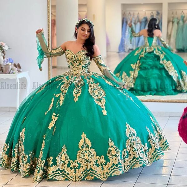 

2023 dark green quinceanera dresses with gold sequins applique sweetheart long sleeves floor length tulle corset back sweet 16 party prom ba, Blue;red