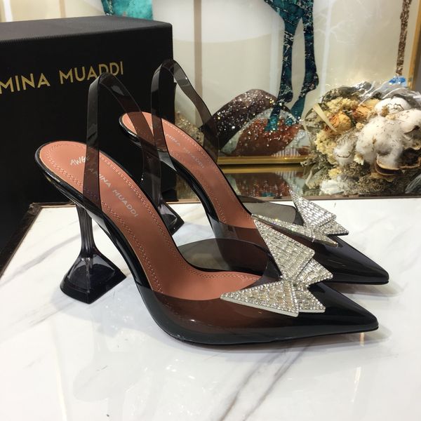 

runway shoes amina muaddi x awge phoenix sling heel slingback pumps clear transparent pvc crystal butterfly wedding party begum amina shoes, Black