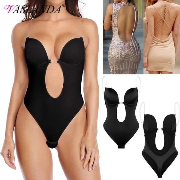 

women's shapers shapewear bodysuit women deep v-neck body padded bra backless u plunge thong waist trainer push up party underwear 2304, Black;white