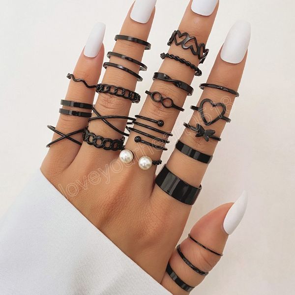 

boho 22 pieces set rings for women black paint coating butterfly heart geometric chain hollowed ring fashion jewelry gift, Silver