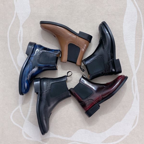

high-end quality autumn and winter chelsea ankle boots genuine leather carved thick heel retro elastic martin boots all-matching trend luxur, Black