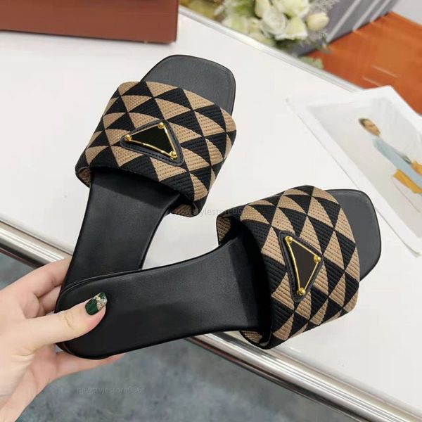 

with box embroidered fabric pradas slides slippers black beige embroidery mules womens home flip flops casual sandals summer flat slide rubb