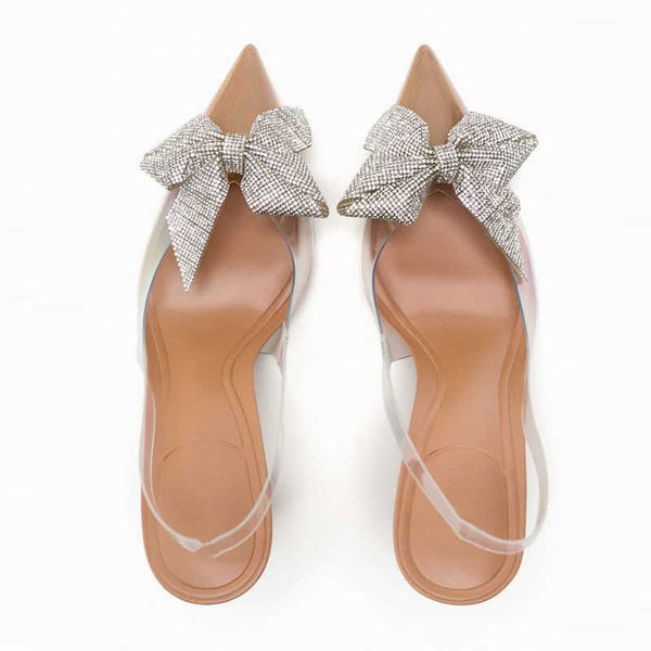 

nxy sandals women summer bow rhinestone slingback pumps office lady transparent heeled elegant pointed toe heels 230406, Black