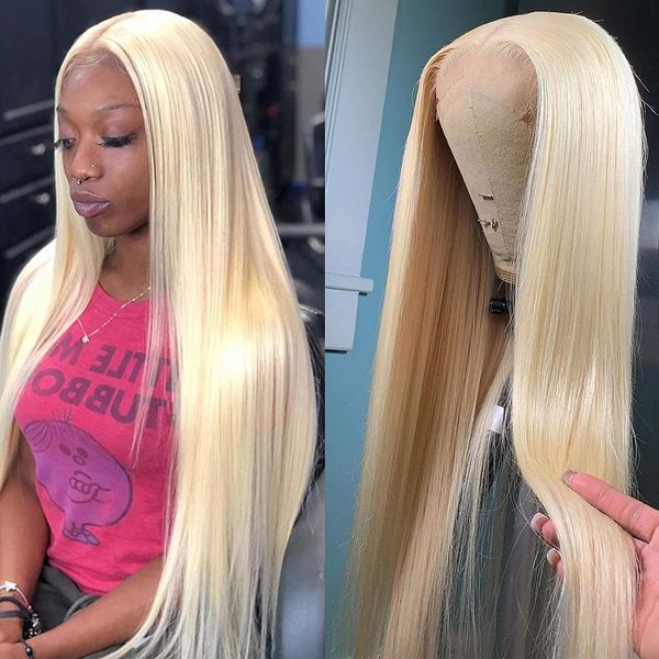 

blonde 613 straight 13x4 transparent lace frontal human hair wigs pre plucked with natural hairline, Black;brown
