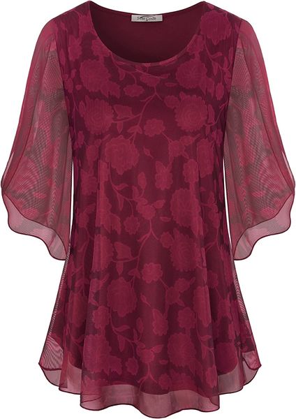 

sese code womens ruffle 3/4 sleeve mesh blouses loose flowy stretchy shirts, Red;black