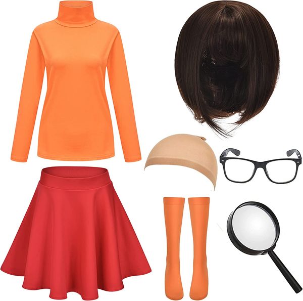 

hmprt halloween deluxe costume for womenbrown bob wigturtleneck kater skirtmagnifying glasssocks and glasses, Red;black