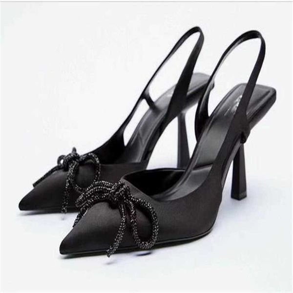 

sandals summer black shiny bow heeled sandals women elegant outdoor slingback pointed toe high heel shoes pumps 230417