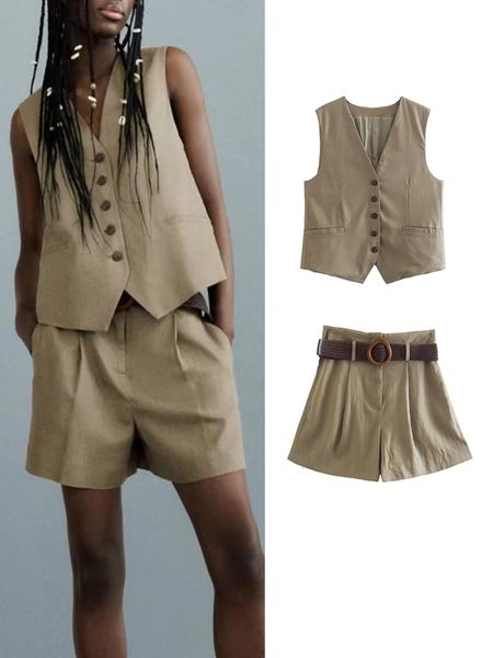

women's tracksuits traf 2pcs ladies vest blazer sets pretty vneck solid single breasted jacketaline short trousers with belt basic suit, Gray