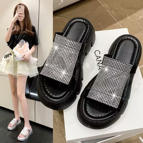 

summer female rhinestone slippers fashion beautiful outdoor non-slip comfortable soft sole personality beach sandals, Black