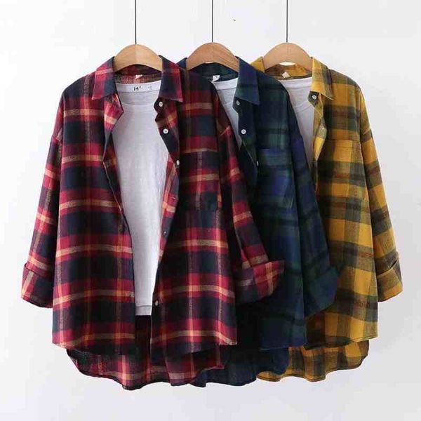 

women's blouses shirts fashion womens cotton blouse shirt plaid loose casual plaid long sleeve all-match student womens blouses red/gre, White